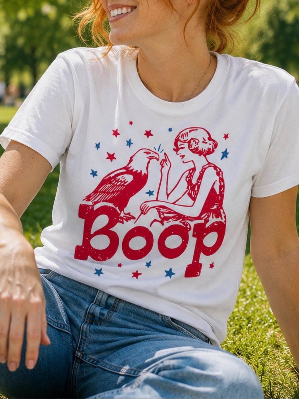 Graphic 'Boop' White Women's Tee with Red & Blue Print